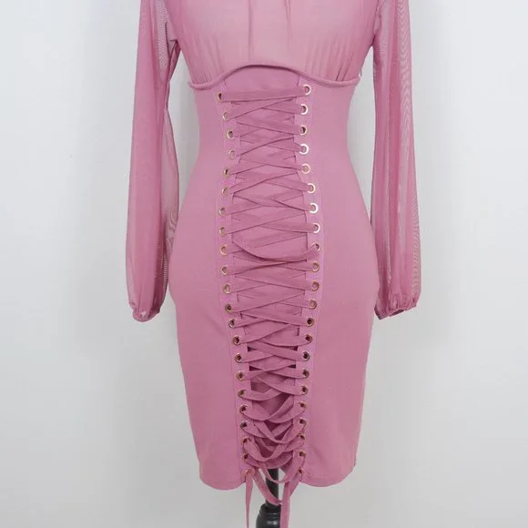 Iris Mauve Pink Sheer Mock Neck Long Sleeve Corset Lace Up SZ S Sexy Y2K Dress - Picture 3 of 14